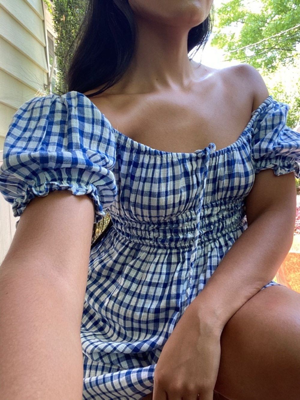 Urban Outfitters Blue and White Gingham Puff Sleeve Sundress
